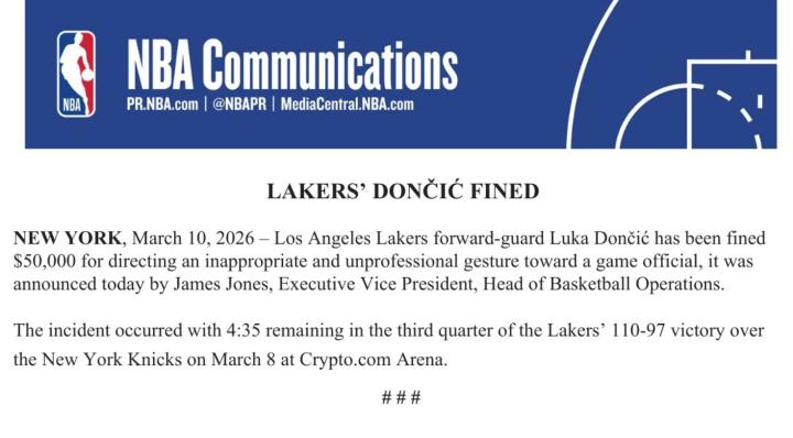  联盟正式通报，东契奇赛中手势不当；湖人胜尼克斯后仍受处罚。 体育新闻 联盟正式通报，东契奇赛中手势不当；湖人胜尼克斯后仍受处罚。 体育新闻